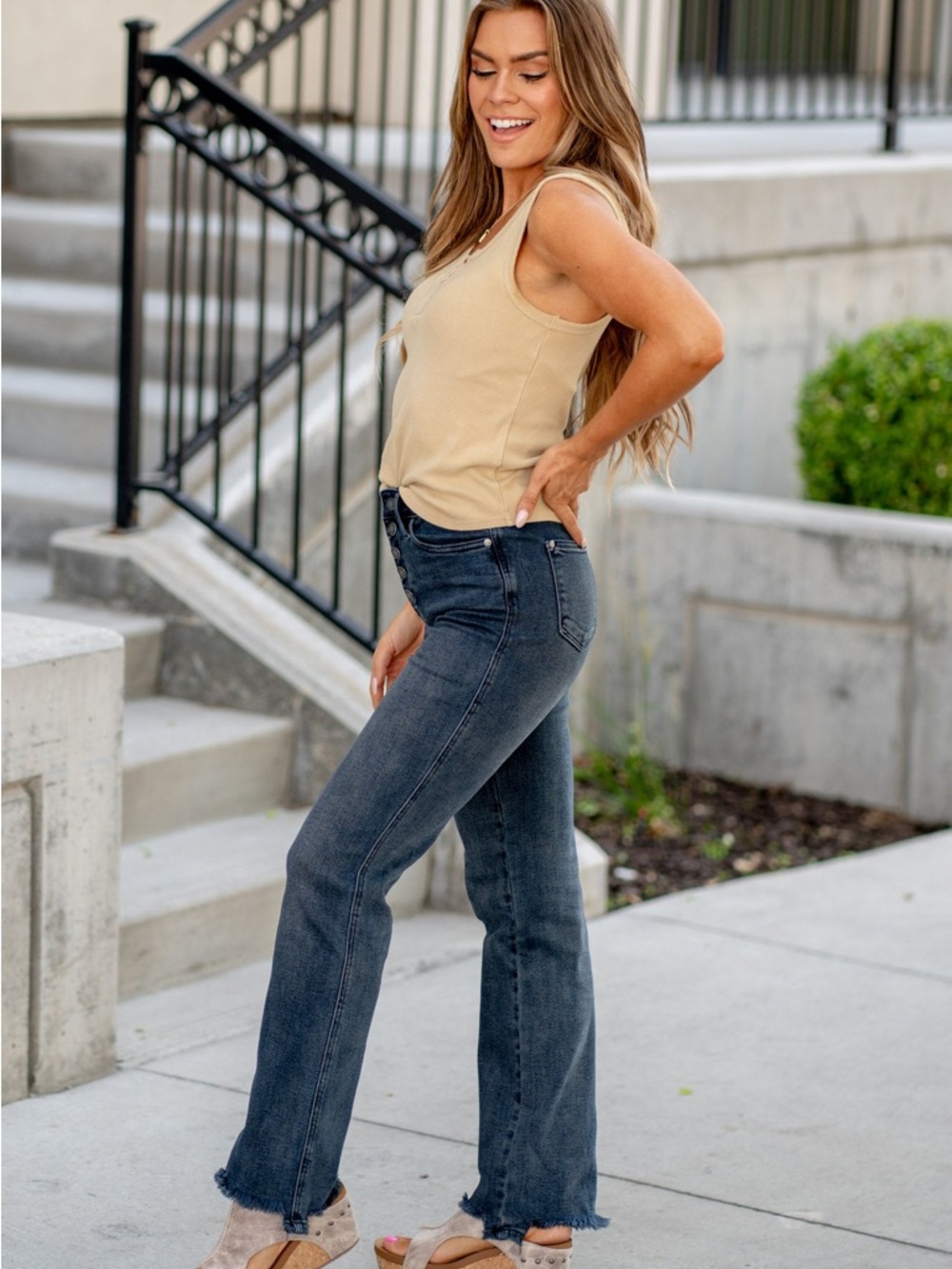 Judy Blue 4-way Stretch High Rise Button Fly Destroy Hem Straight Jeans - Picture 8 of 16